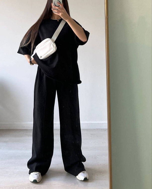 خرید ست تیشرت شلوار بگ بیسیک H با کیفیت تضمینی آرومافشن مشکی