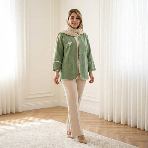 مانتو کتی پاپیون N سبز رنگ با مرواریددوزی - نمای کامل تنخور مانتو صوفیا ژاکارد آروما فشن