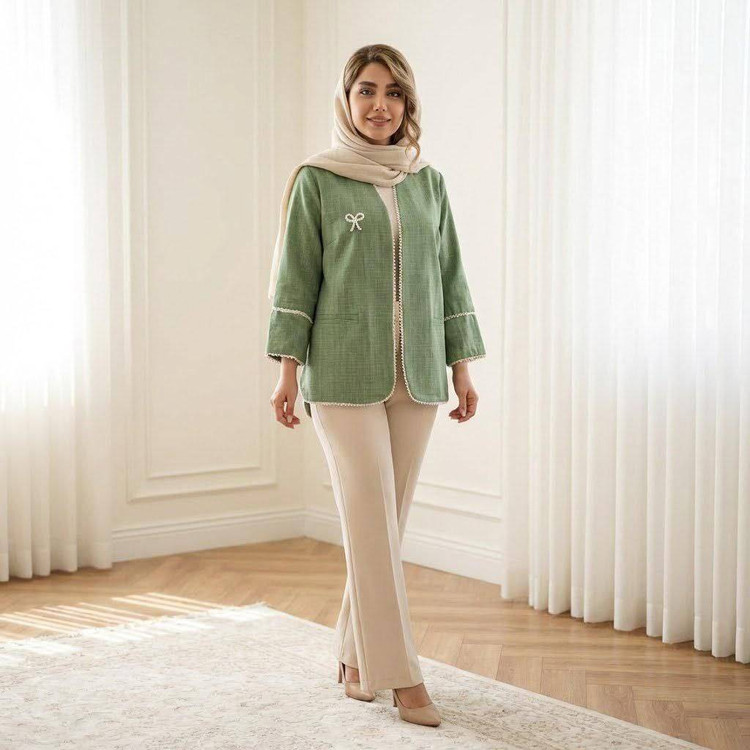 مانتو کتی پاپیون N سبز رنگ با مرواریددوزی - نمای کامل تنخور مانتو صوفیا ژاکارد آروما فشن