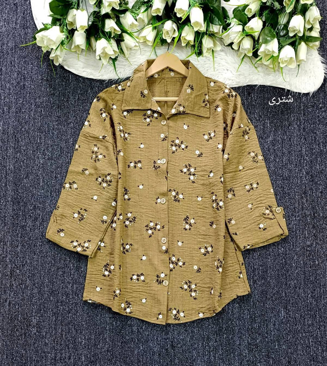 شومیز شانتون ژاکارد آستین سه ربع پاگن دار زنانه فری سایز