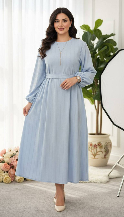 پیراهن بلند جگوار کمربند دار مدل 2276 آبی روشن - نمای کامل جلو با تنخور شیک و زنانه | آروما فشن