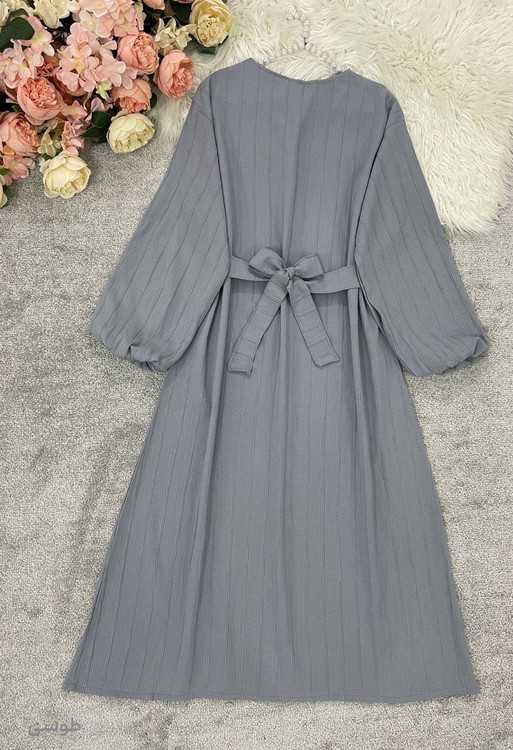 پیراهن بلند جگوار مشکی - نمای کامل جلو با کمربند پارچهای و آستین پفی | خرید آنلاین آروما فشن