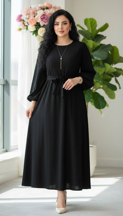 پیراهن بلند جگوار قهوهای - نمای سه رخ با ریزش عالی پارچه و تنخور فری سایز