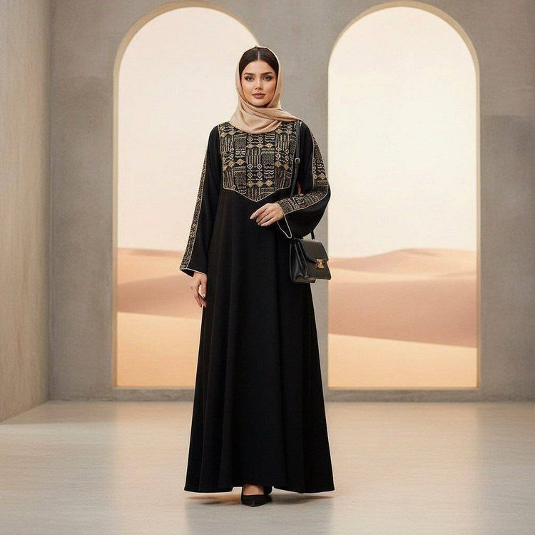 مانتو عبا اذرخش مشکی پارچه الیزه ترک - نمای جلو آروما فشن