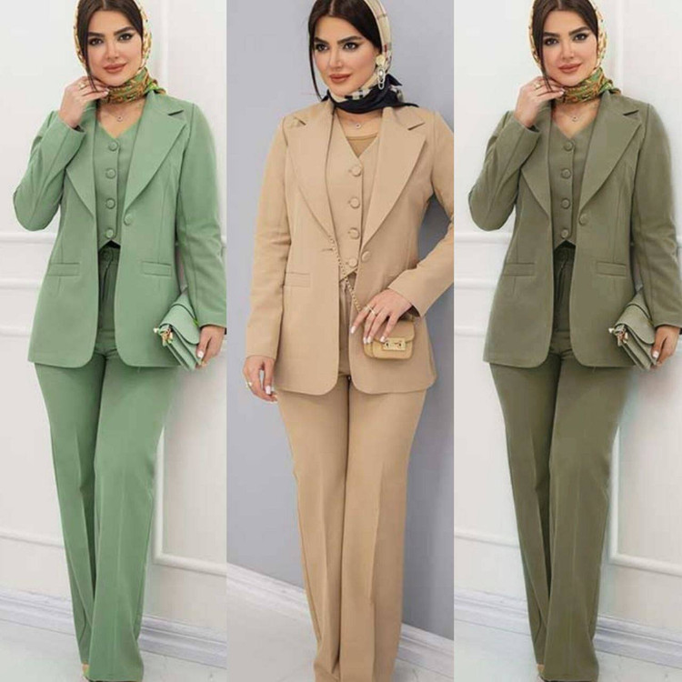 ست سه تکه کت و ژیله و شلوار بهشت زنانه مازراتی - آبی پاستیلی آدامسی زیتونی نسکافه ای