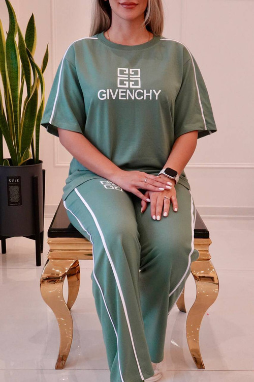 ست مغزی دوزی GIVENCHY رنگ زرشکی دورس چهارفصل تیشرت و شلوار زنانه مجلسی