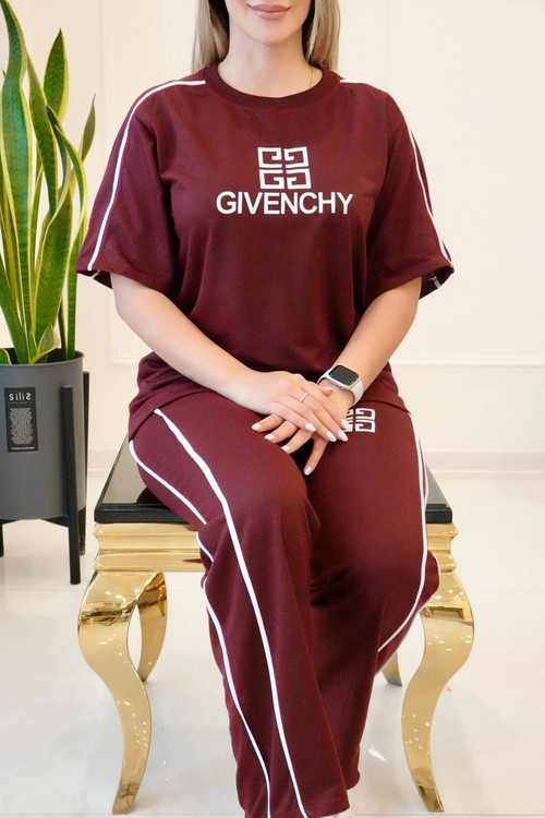 ست مغزی دوزی GIVENCHY رنگ قرمز دورس چهارفصل تیشرت و شلوار زنانه جذاب