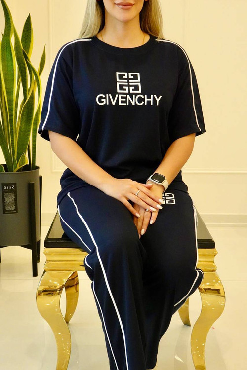 ست مغزی دوزی GIVENCHY رنگ سبز تیره دورس چهارفصل تیشرت و شلوار زنانه لوکس