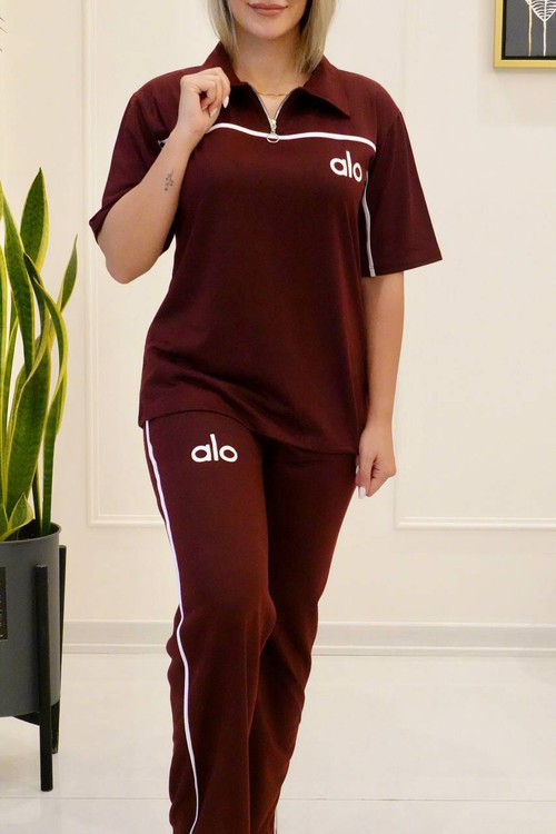 ست نیم زیپ ALO F دورس چهارفصل زنانه - ست تیشرت شلوار اسپرت با چاپ ALO و نیم زیپ مغزی دوزی