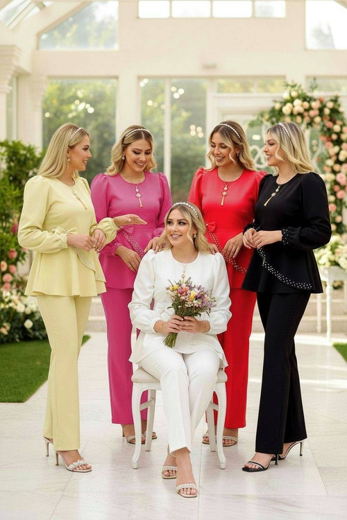 ست چهارتیکه ناز F زنانه شامل شومیز شلوار تل مرواریدی و گردنبند - آروما فشن