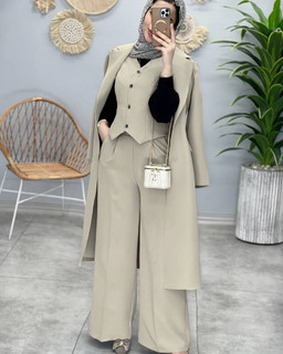 ست سه تکه مانتو شلوار جلیقه زنانه نمای جلو