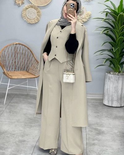 ست سه تکه مانتو شلوار جلیقه زنانه نمای جلو