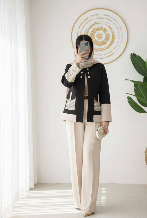 کت شلوار ترکیبی هیوا زنانه با جنس مازراتی کرهای اصل لاییکوبی شده