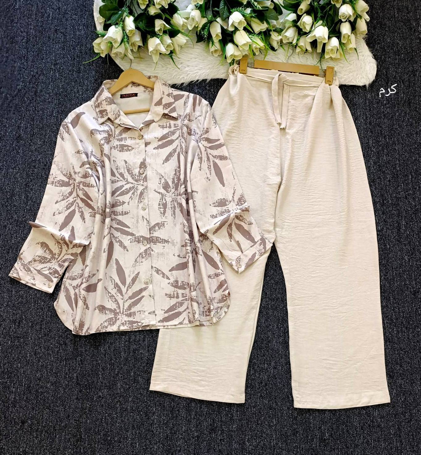 ست شومیز شلوار برگ زنانه شانتون وارداتی جزئیات شلوار