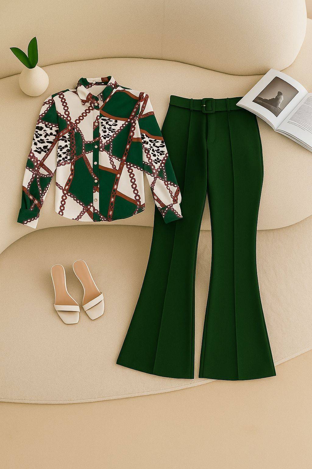 شومیز شلوار شیک مدل کمربند دار H