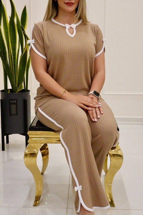 ست تیشرت شلوار زنانه مدل پاپیون نواریF - جنس پنبه - آروما فشن