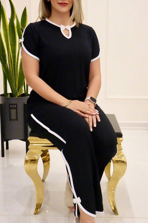 ست تیشرت شلوار زنانه مدل پاپیون نواریF - جنس پنبه - آروما فشن