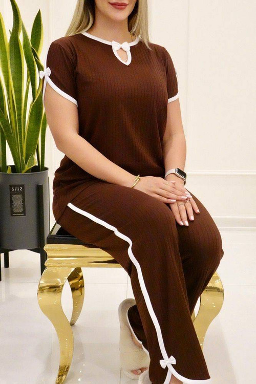 ست تیشرت شلوار زنانه مدل پاپیون نواریF - جنس پنبه - آروما فشن