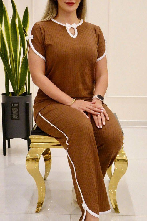 ست تیشرت شلوار زنانه مدل پاپیون نواریF - جنس پنبه - آروما فشن