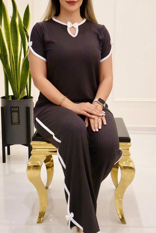 ست تیشرت شلوار زنانه مدل پاپیون نواریF - جنس پنبه - آروما فشن