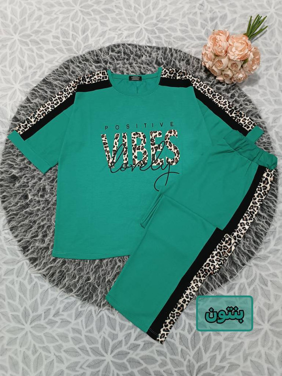 ست تیشرت شلوار زنانه مدل VIBES F گلکسی پنبه درجه ۱ - آروما فشن