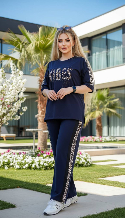 ست تیشرت شلوار زنانه مدل VIBES F گلکسی پنبه درجه ۱ - آروما فشن