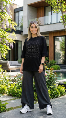 ست تیشرت شلوار زنانه مدل بلک miu miu - جنس پنبه و کتان - آروما فشن