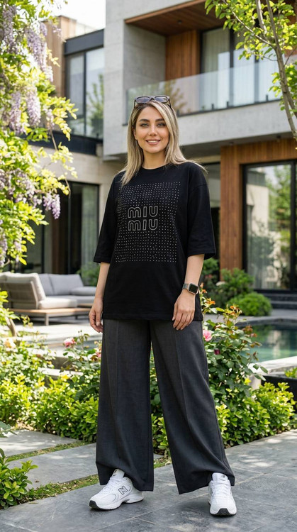 ست تیشرت شلوار زنانه مدل بلک miu miu - جنس پنبه و کتان - آروما فشن