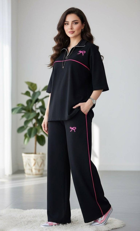 ست تیشرت شلوار زنانه مدل پاپیون - طرح مشکی صورتی - آروما فشن