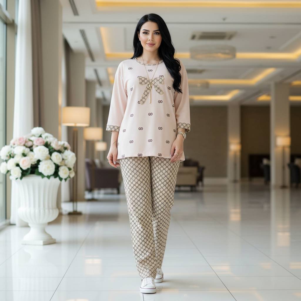 ست تیشرت شلوار  زنانه  مدل گوچی پاپیون  جنس پنبه گلکسی ara
