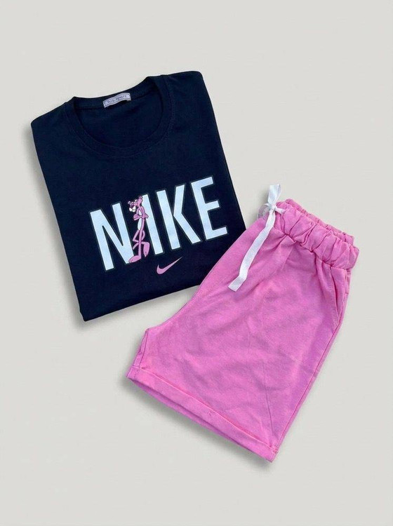 تیشرت و شورتک دخترانه مدل Nike پلنگ صورتی جنس سوپر پنبه درجه ۱ تضمینی H - لباس راحتی و خانگی زنانه (ستهای پنبهای)🏠💖