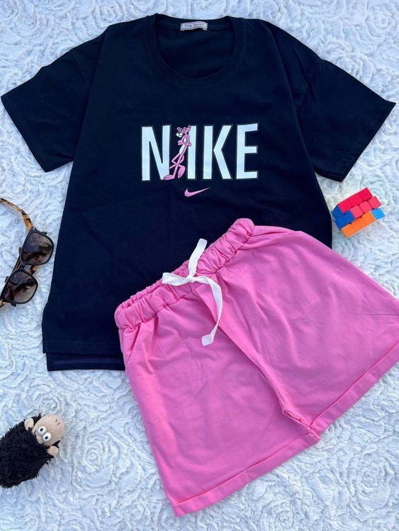 تیشرت و شورتک دخترانه مدل Nike پلنگ صورتی جنس سوپر پنبه درجه ۱ تضمینی H - لباس راحتی و خانگی زنانه (ستهای پنبهای)🏠💖