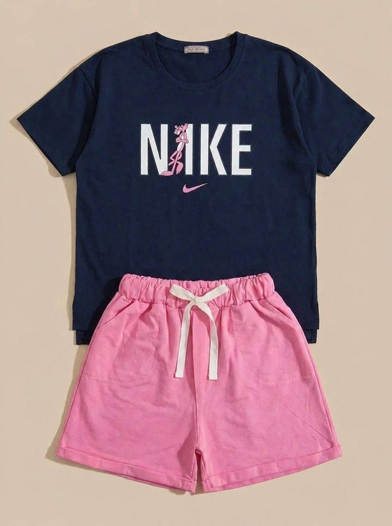 تیشرت و شورتک دخترانه مدل Nike پلنگ صورتی جنس سوپر پنبه درجه ۱ تضمینی H - لباس راحتی و خانگی زنانه (ستهای پنبهای)🏠💖