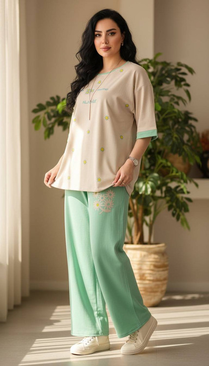 ست دو تیکه تیشرت و شلوار مدل بابونه جنس گلکسی پنبه درجه ۱ F - لباس راحتی و خانگی زنانه (ستهای پنبهای)🏠💖
