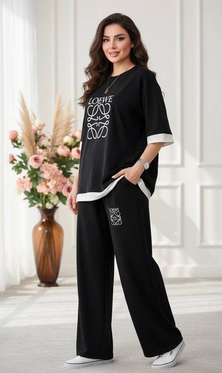 ست دو تیکه تیشرت و شلوار مدل LOEWE جنس گلکسی پنبه درجه F - لباس راحتی و خانگی زنانه (ستهای پنبهای)🏠💖