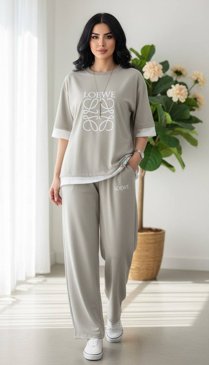 ست دو تیکه تیشرت و شلوار مدل LOEWE جنس گلکسی پنبه درجه F - لباس راحتی و خانگی زنانه (ستهای پنبهای)🏠💖