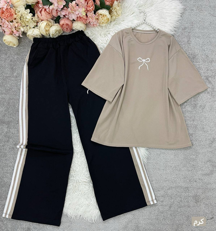 ست دو تیکه تیشرت و شلوار زنانه مدل پاپیون 🎀جنس گلکسی پنبه درجه ۱ kF - لباس راحتی و خانگی زنانه (ستهای پنبهای)🏠💖