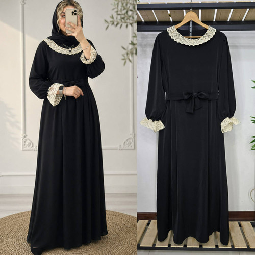 عبا مدل یقه گیپور جنس الیزا گرم بالا جت بلک اعلا F - سارافون و عباهای مجلسی زنانه ✨👗