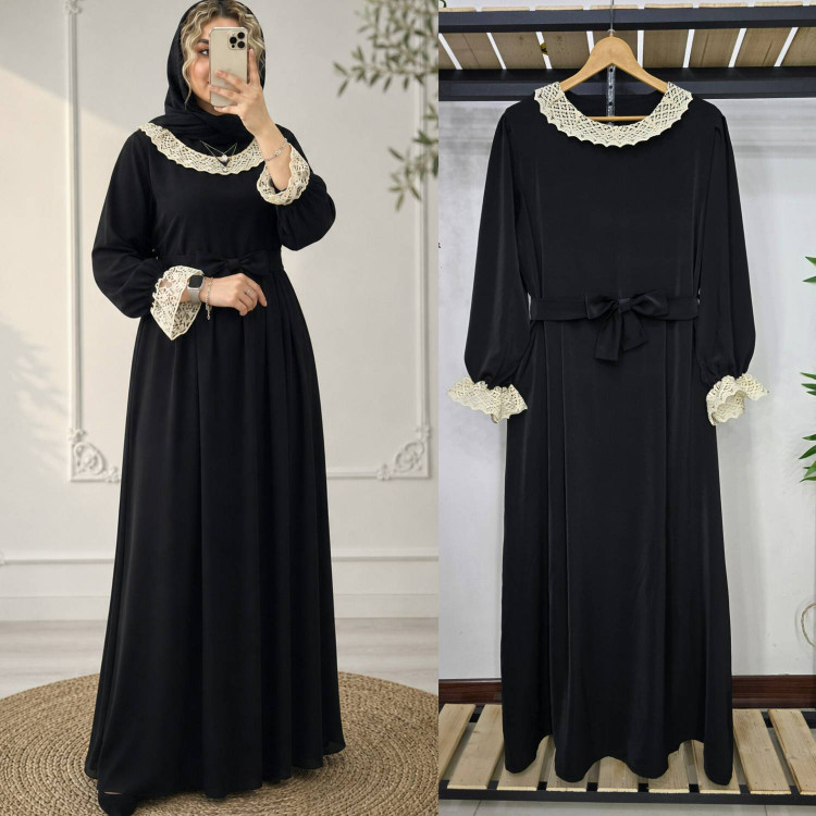 عبا مدل یقه گیپور جنس الیزا گرم بالا جت بلک اعلا F - سارافون و عباهای مجلسی زنانه ✨👗