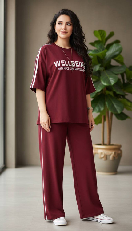 ست دو تیکه تیشرت و شلوار زنانه مدل wellbeing جنس گلکسی پنبه درجه ۱ kF - لباس راحتی و خانگی زنانه (ستهای پنبهای)🏠💖