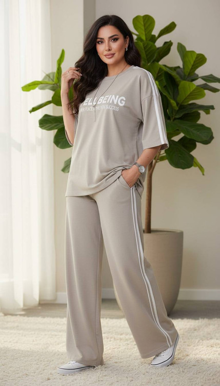 ست دو تیکه تیشرت و شلوار زنانه مدل wellbeing جنس گلکسی پنبه درجه ۱ kF - لباس راحتی و خانگی زنانه (ستهای پنبهای)🏠💖