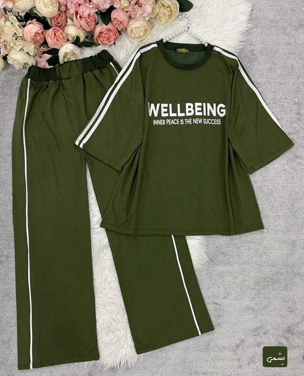 ست دو تیکه تیشرت و شلوار زنانه مدل wellbeing جنس گلکسی پنبه درجه ۱ kF - لباس راحتی و خانگی زنانه (ستهای پنبهای)🏠💖