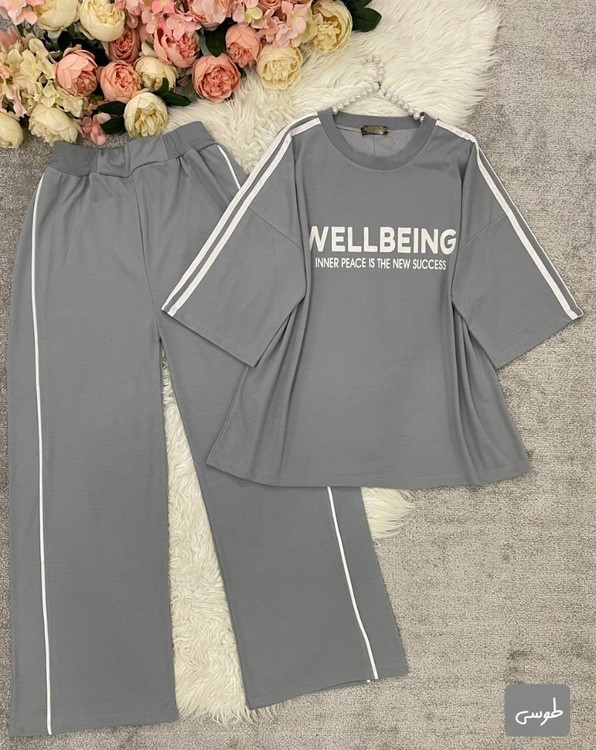 ست دو تیکه تیشرت و شلوار زنانه مدل wellbeing جنس گلکسی پنبه درجه ۱ kF - لباس راحتی و خانگی زنانه (ستهای پنبهای)🏠💖