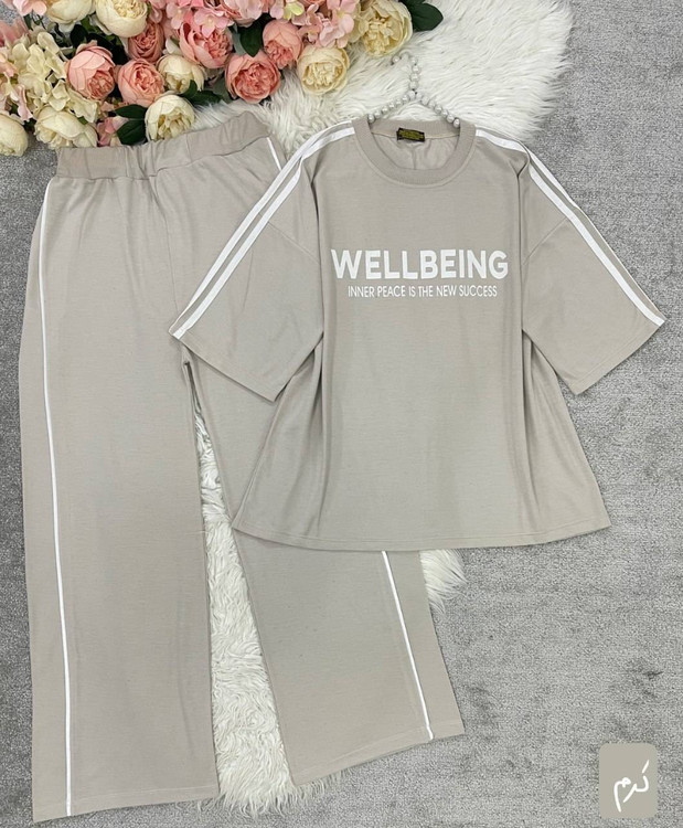 ست دو تیکه تیشرت و شلوار زنانه مدل wellbeing جنس گلکسی پنبه درجه ۱ kF - لباس راحتی و خانگی زنانه (ستهای پنبهای)🏠💖