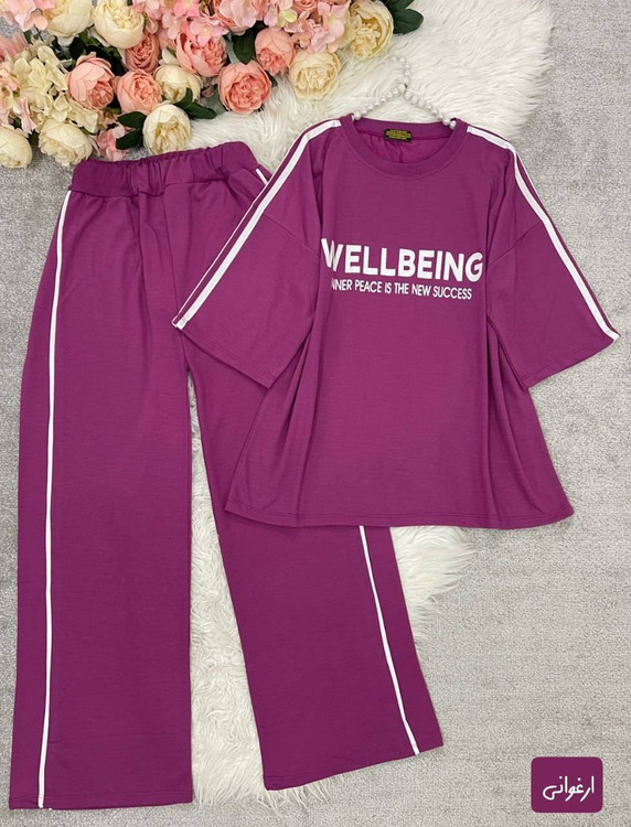ست دو تیکه تیشرت و شلوار زنانه مدل wellbeing جنس گلکسی پنبه درجه ۱ kF - لباس راحتی و خانگی زنانه (ستهای پنبهای)🏠💖
