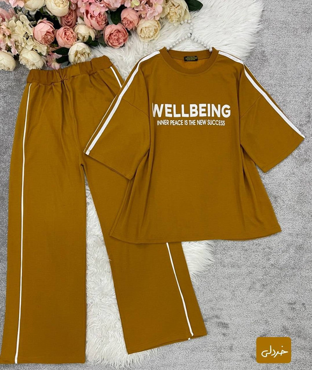 ست دو تیکه تیشرت و شلوار زنانه مدل wellbeing جنس گلکسی پنبه درجه ۱ kF - لباس راحتی و خانگی زنانه (ستهای پنبهای)🏠💖
