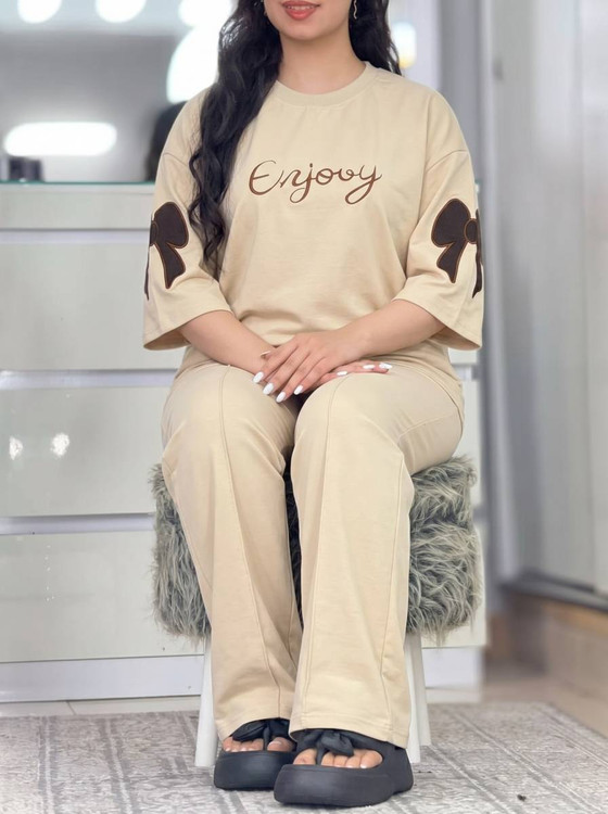 ست دو تیکه تیشرت و شلوار زنانه مدل فرنیا جنس گلکسی پنبه درجه ۱ F - لباس راحتی و خانگی زنانه (ستهای پنبهای)🏠💖
