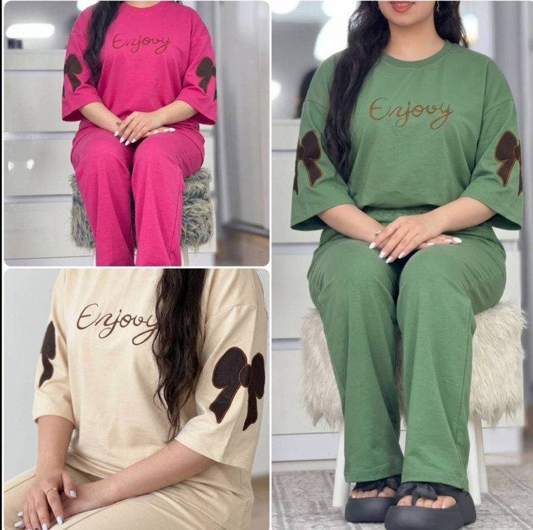 ست دو تیکه تیشرت و شلوار زنانه مدل فرنیا جنس گلکسی پنبه درجه ۱ F - لباس راحتی و خانگی زنانه (ستهای پنبهای)🏠💖