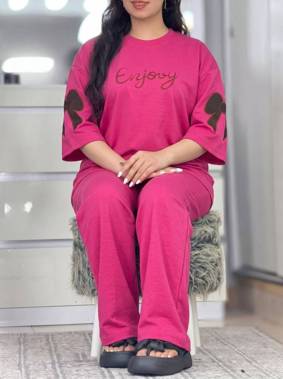 ست دو تیکه تیشرت و شلوار زنانه مدل فرنیا جنس گلکسی پنبه درجه ۱ F - لباس راحتی و خانگی زنانه (ستهای پنبهای)🏠💖