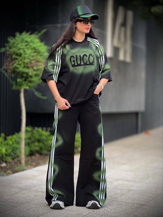 ست دو تیکه تیشرت و شلوار زنانه مدل GUCCI جنس پنبه درجه ۱ M
